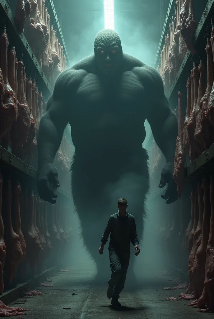 A frightened prisoner holding a walkie-talkie, standing frozen as a towering, blood-soaked monstrosity emerges from the darkness behind him. The prison corridor is narrow and suffocating, with blood dripping from the walls and pooling on the floor. The scene is bathed in a sickly, dim light, creating an oppressive and terrifying atmosphere. The colors are primarily dark reds, blacks, and grays, with an eerie, unsettling glow. Style: gloomy, horrorify, nasty. High detail and resolution.