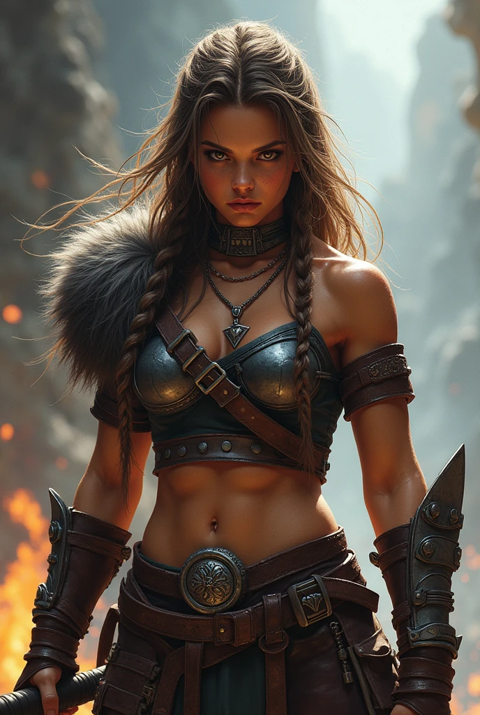 (standing barbarian female:1.2 warrior) (best quality,highres,realistic:1.2),ultra-detailed,portrait,fantasy,brave,strong,beautiful detailed eyes,beautiful detailed lips,expressive face,brown wavy hair,fit and muscular body,painted face,tattoos covering arms and torso,weapon in hand,savage,hostile environment,harsh weather conditions,dramatic lighting,battle-ready,ferocious,warrior spirit,intense gaze,dominant presence,war paint,steely determination,stoic,strong-willed,confident,unyielding,primal,tough and resilient,explosive energy,scars of past battles,raw power,fierce determination,fearless,untamed spirit,feral grace,striking pose,leather armor,animal bone accessories,tattered cape,warrior's insignia,battlefield,ancient ruins,enchanting forest,bloodlust,unconquerable,defender of the weak. nsfw:1.2, subtle nudity