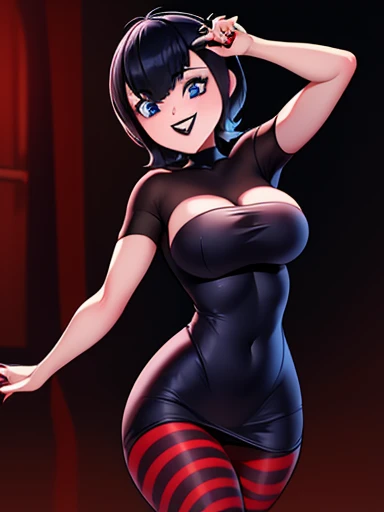 A cute girl blue eyes hair with bangs bobcut, fangs vampire, lipstick red , big breast,  stunning body display,  showing beautiful slender body, dancing trends tiktok 