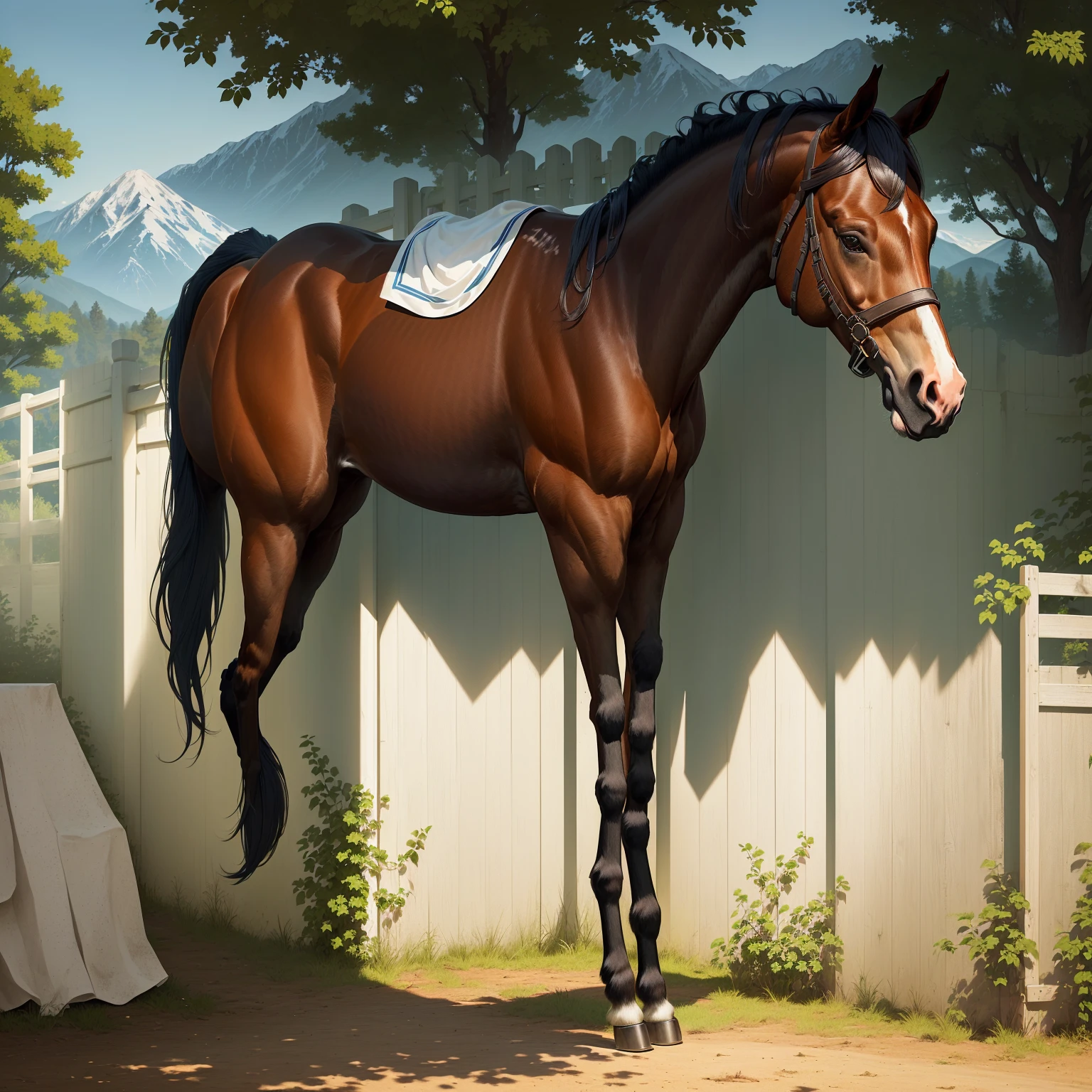 A black feral stallion standing with their side facing the viewer with their huge thick flared equine penis hanging below them, Masterpiece, highly detailed image, highly detailed genitalia, 4k, 4k resolution+, by Truegrave9, by Virtyalfobo, by Chunie, by Clockhands, equine penis+, flared penis, black fur, ebony body, muscular, barn stall, huge penis, testicles, black penis+, horsecock, medial ring, swollen flare,