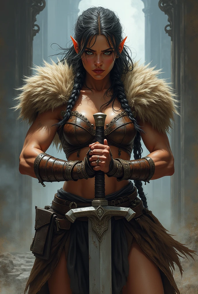 girl with wild hair,barbarian warrior,medieval fantasy,detailed armor,fur shoulder pads,fierce expression,holding a large sword,muscular build,leather and metal armor,dramatic lighting,dramatic poses,digital painting,vibrant colors,highly detailed,award winning art,concept art, ((d&d artwork)), ((braids))