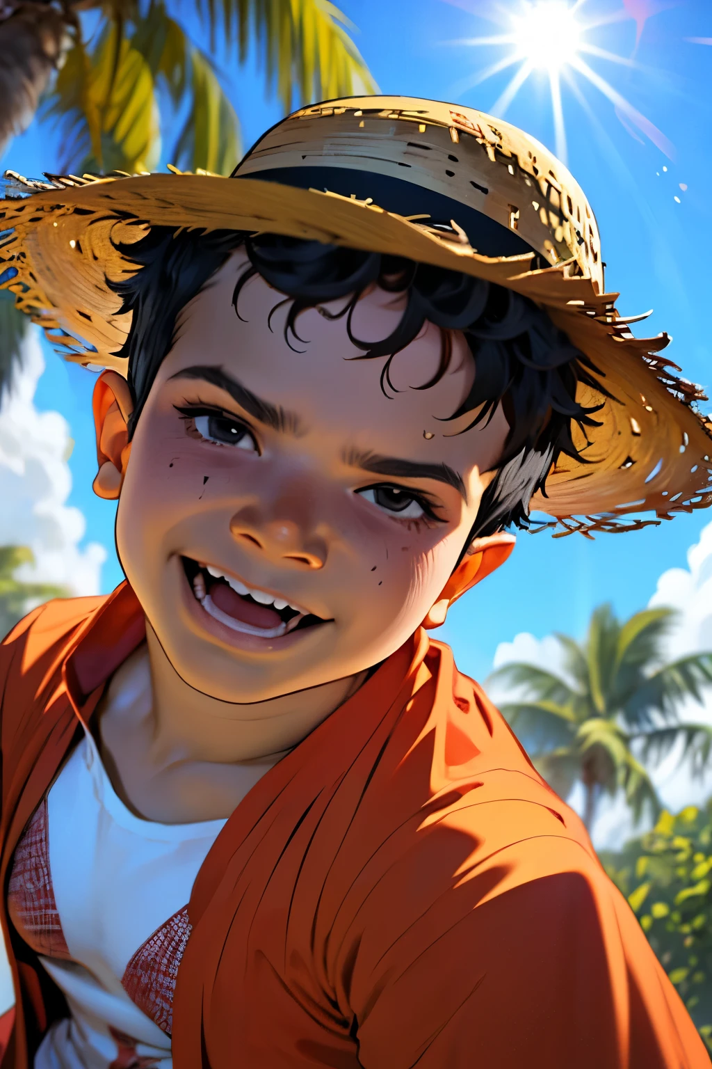 Close-up face, Thoe, (((a young boy, ***))), solo, Marvel Comic Panel Drawing: A boy with black eyes, in Dynamic pose, short black hair , over The building under The sunlight, (((wearing a Luffy costume, straw hat, one piece style))) , a tropical island Background .