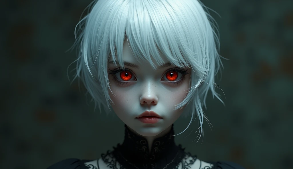 Make me a woman with black skin, with countless freckles all over her body, bright blue eyes, short white hair, With wolf ears. Her expression is innocent and she has a scar on the right corner of her mouth. She's introverted and traumatized. Do it in the style of the Berserk anime