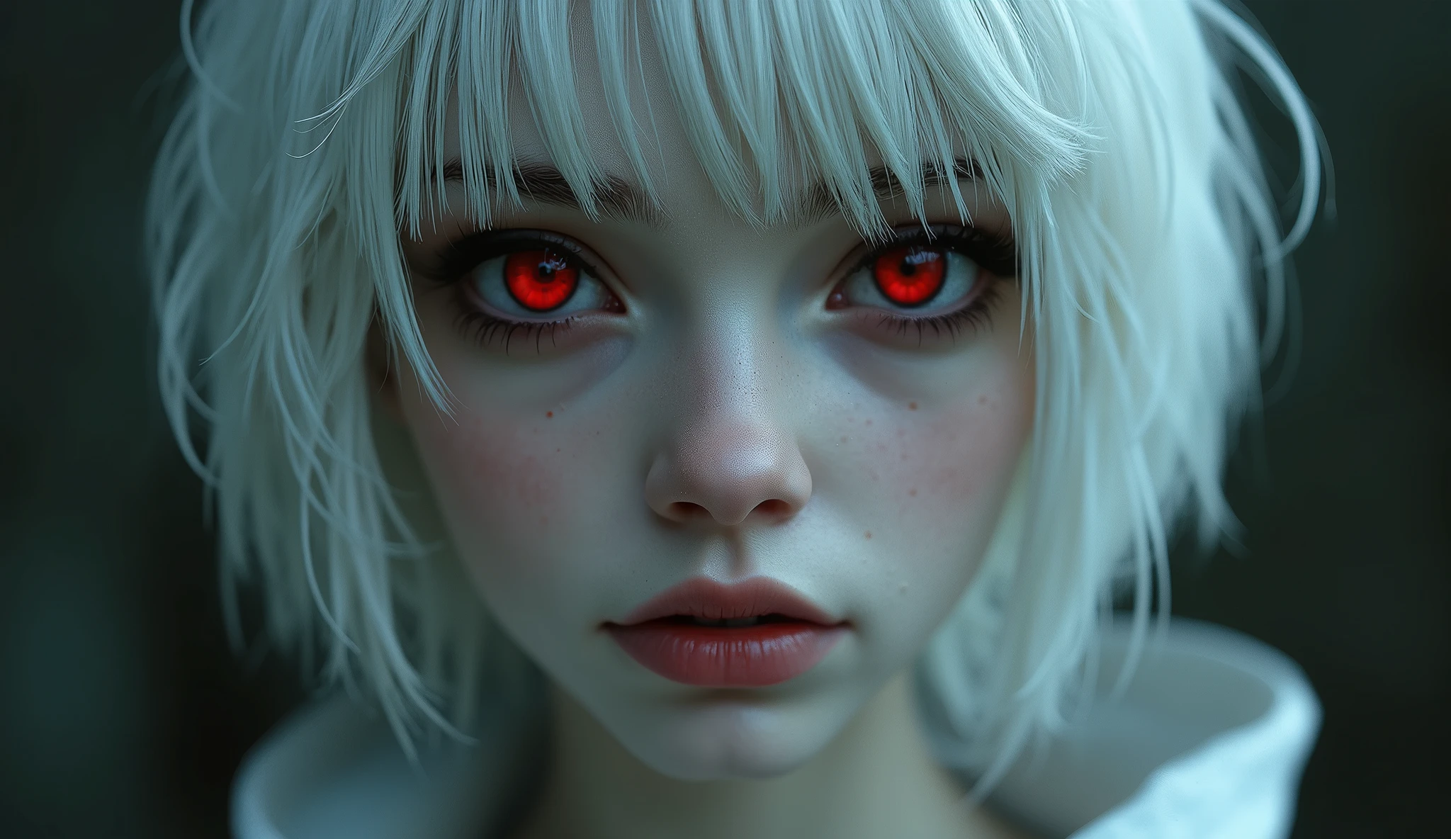 A close-up of a young girl around 19-20 years old with long White hair. Her bangs partially cover one of her eyes., giving it a mysterious air. She has red lips and stunning red eyes, with tears of blood streaming down her cheeks. she is wearing headphones, and the image is focused on your face, capturing the strange and emotional expression. The overall atmosphere is dark and slightly surreal., emphasizing the contrast between her pale skin, White hair, and the vibrant red elements.