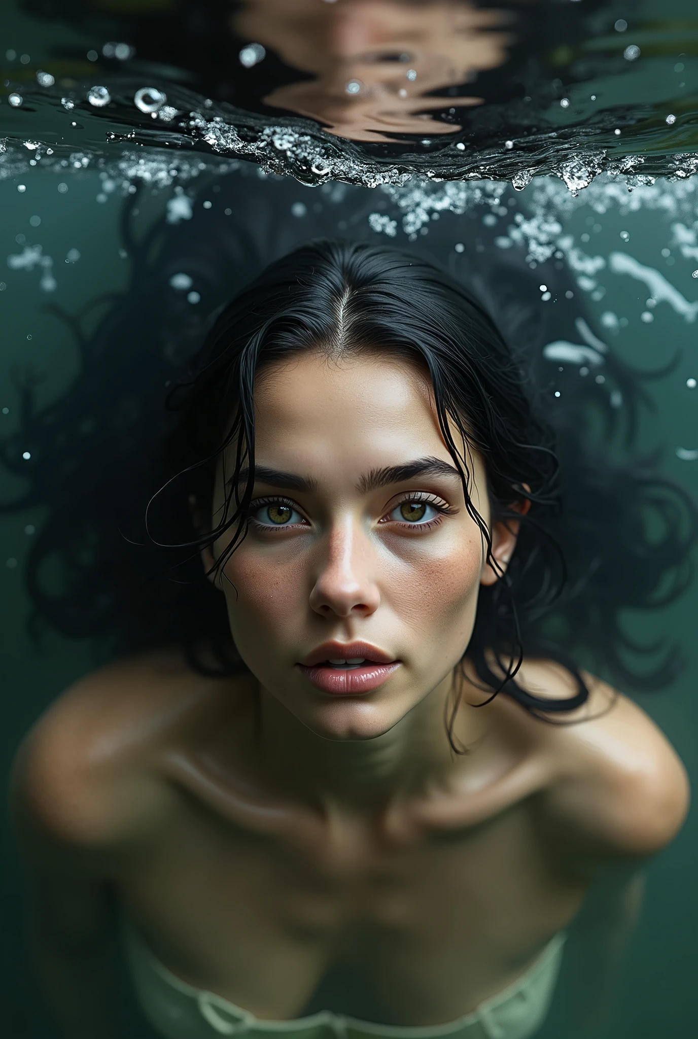 a shadow of a woman body swimming in a blurry dark background blowing hair
