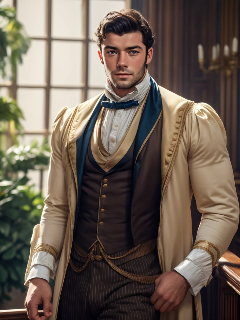 male, british, regency era, bridgerton, jonathan bailey', anothony birdgerton lookalike ,muscles, big pecs ,hairy chest, handsome face. wearing regency era suit