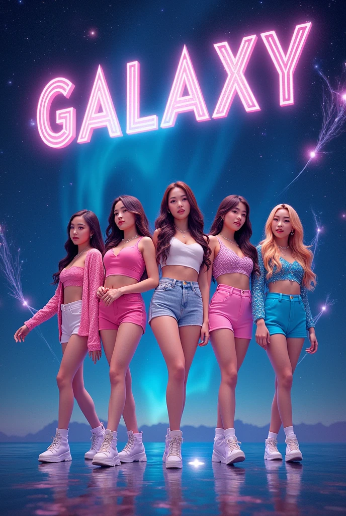 6 girls with different hair styles 2 should have purple hair in space wearing kpop outfits 
