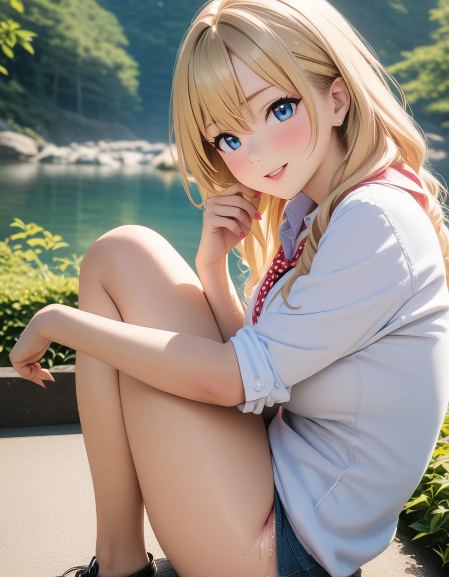 Create a photo realistic young woman with blonde hair (length until her shoulders), blue eyes and large boobs. She wears a white t-shirt, round neck, long fit and short sleeves, without a bra, and she also wears a uni color black cotton mini skirt. She climbs out a swimming pool, dripping wet. The t-shirt clings to her body and is a little transparent. Full body, wide angle shot.