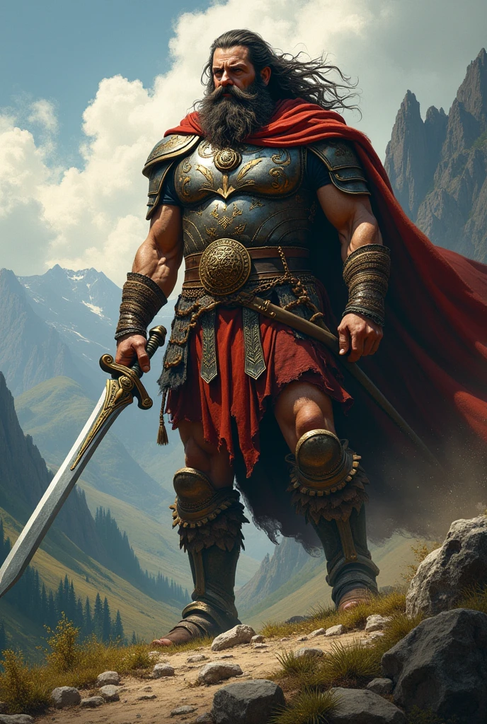 Create a dramatic digital artwork depicting King Leonidas I of Sparta standing on a natural elevation, overlooking the battlefield of the Battle of Thermopylae. He is alone in the foreground, clad in traditional Spartan armor with his spear and shield. His expression is one of pride and determination. In the background, a few of his loyal soldiers can be seen, ready for battle. The scene should capture the tense and heroic atmosphere of the impending clash against the Persian forces