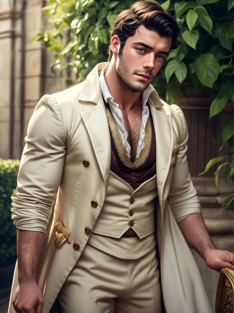 male, british, regency era, bridgerton, jonathan bailey', anothony birdgerton lookalike ,muscles, big pecs ,hairy chest, handsome face. wearing regency era suit