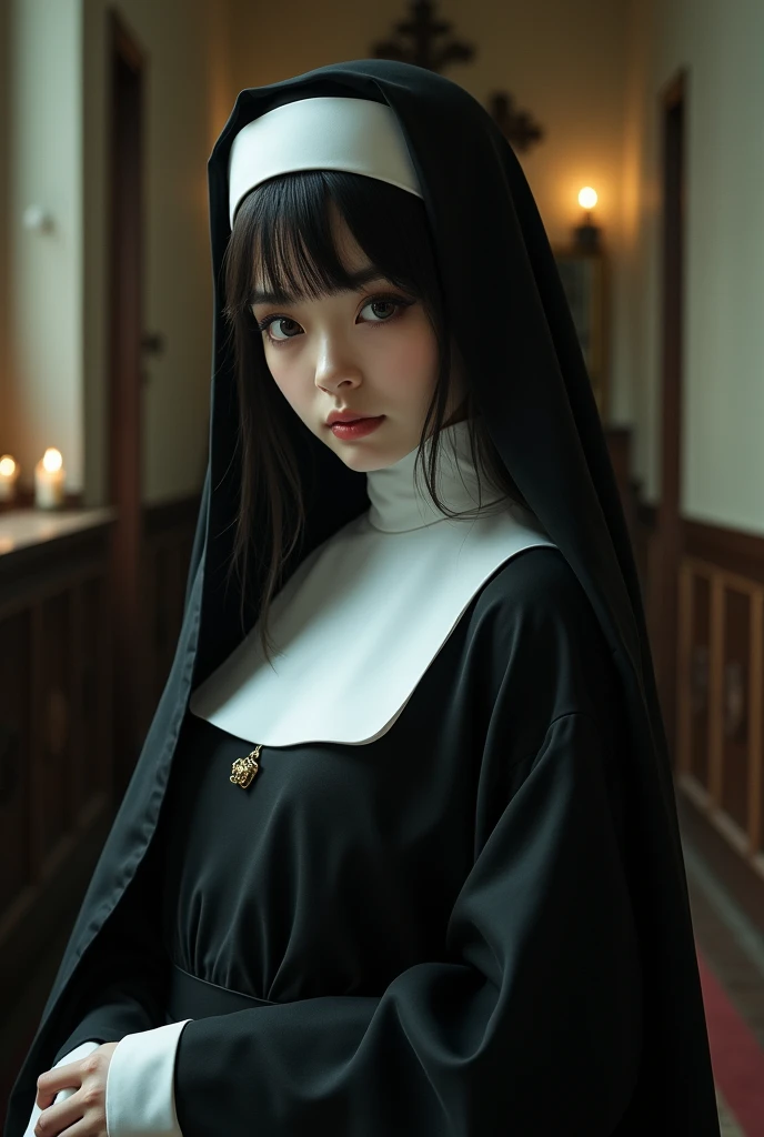 Very beautiful nun with blue eyes and black hair, black nun attire firm breast, slim face, standing in church