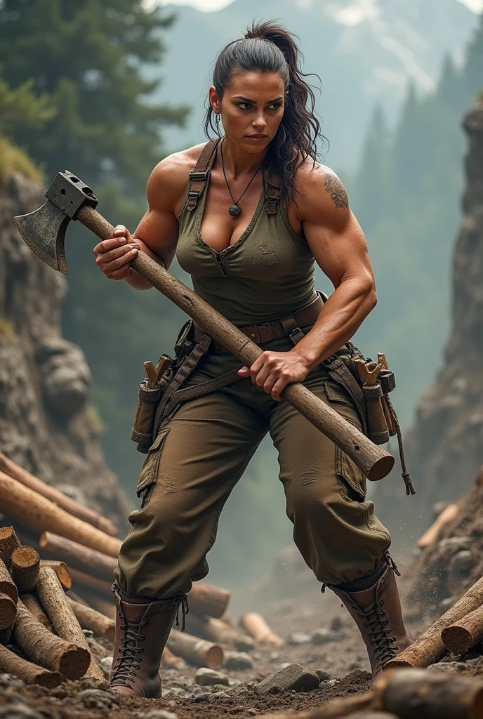 Masterpiece, 62 year old woman, gray hair, fur bikini, holding a spear and wooden shield, wet skin, fit, standing in a field in front of a destroyed gunship, realistic