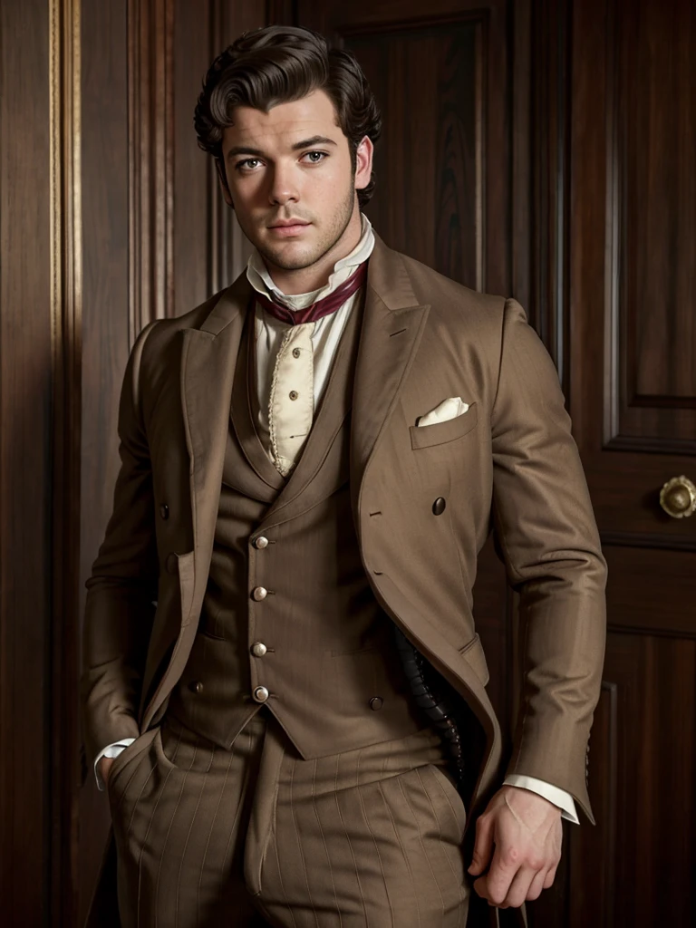 male, british, regency era, bridgerton, jonathan bailey', anothony birdgerton lookalike ,muscles, big pecs ,hairy chest, handsome face. wearing regency era suit