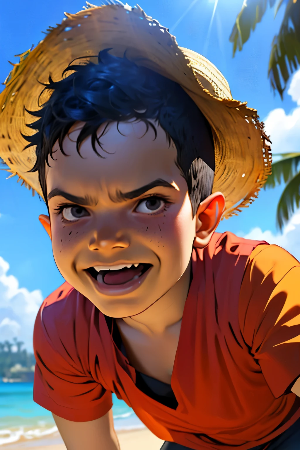 Close-up face, Thoe, (((a young boy, ***))), solo, Marvel Comic Panel Drawing: A boy with black eyes, in Dynamic pose, short black hair , over The building under The sunlight, on boat, (((wearing a Luffy costume, straw hat, one piece style))) , a tropical island Background .