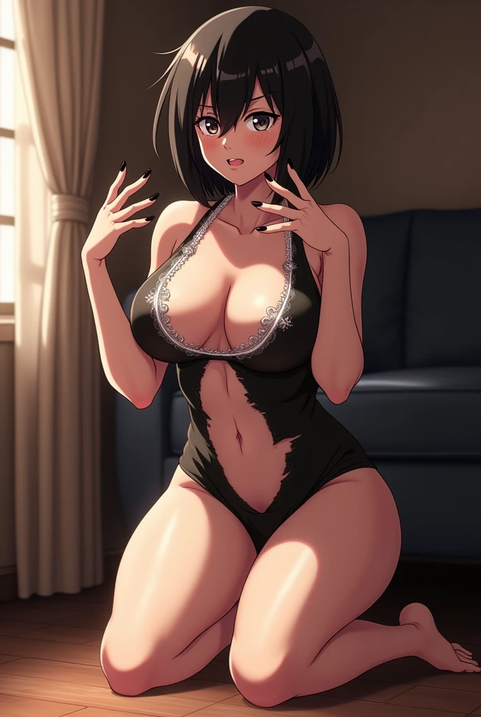 (Best Quality, Masterpiece),sexy mommy,  erotic, 18+, nsfw, 1girl, 30 years old, Contempt, pride, hourglass figure, high heels, micro bikini, short black hair,green detailed sparkling eyes, spreading legs, camels toe, nude