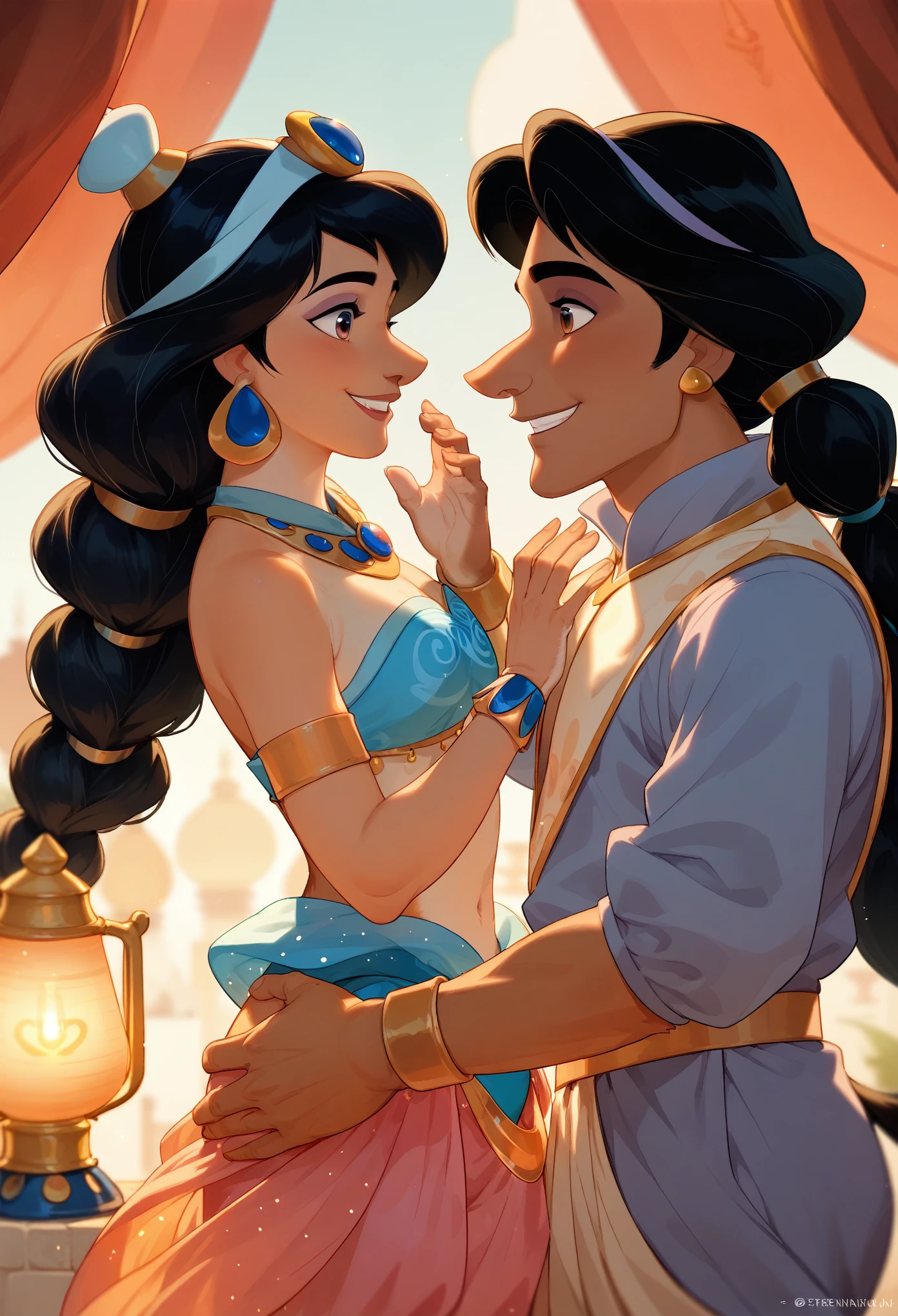 score_9, score_8_up, score_7_up, volumetric lighting,
aladdin, princess jasmine, black hair
1boy, 1girl, looking at another, hand on another's face
<lora:aladdin_pony_v1:0.8>