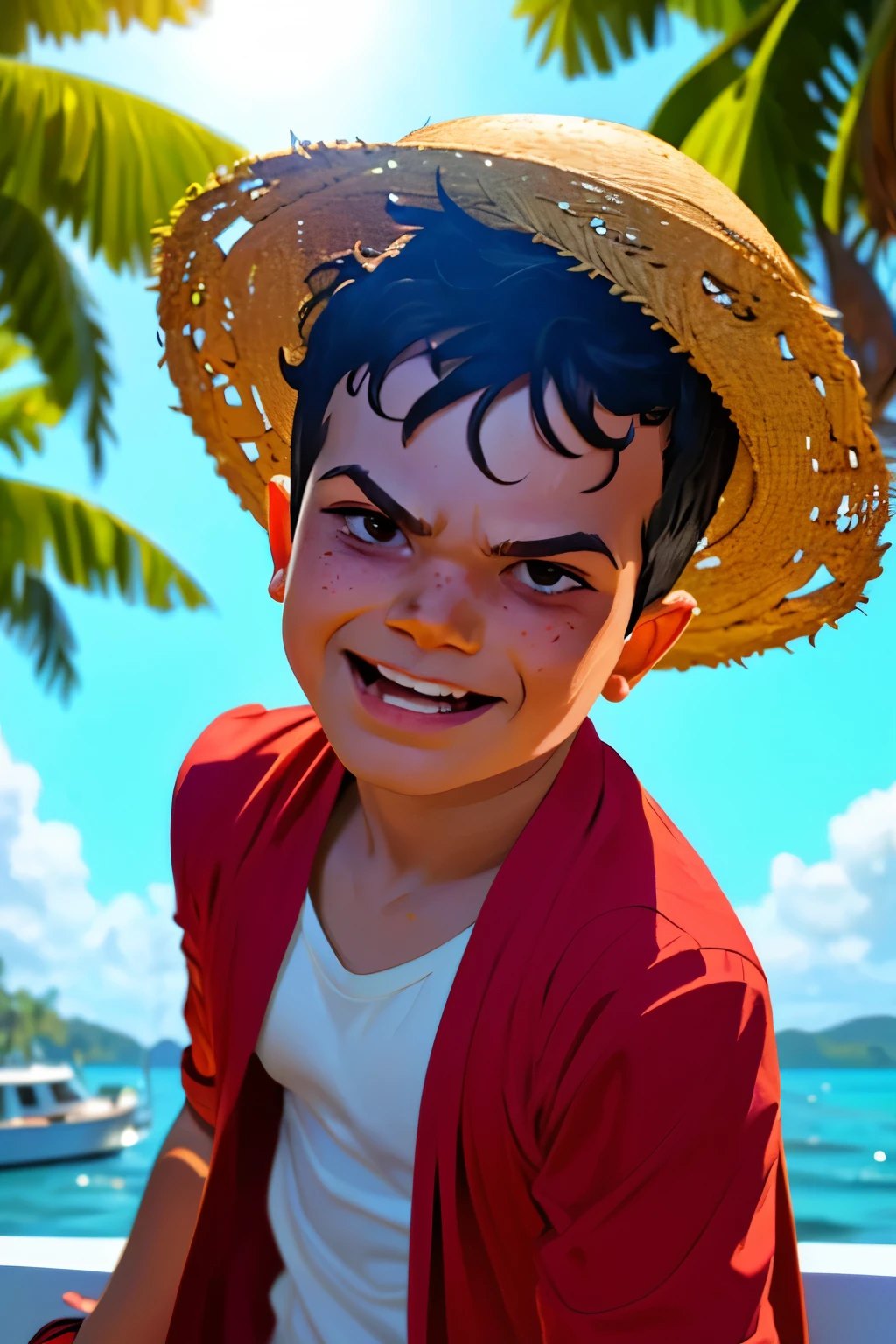 Close-up face, Thoe, (((a young boy, ***))), solo, Marvel Comic Panel Drawing: A boy with black eyes, in Dynamic pose, short black hair , over The building under The sunlight, ((on boat)) , (((wearing a Luffy costume, straw hat, one piece style))) , a tropical island Background .