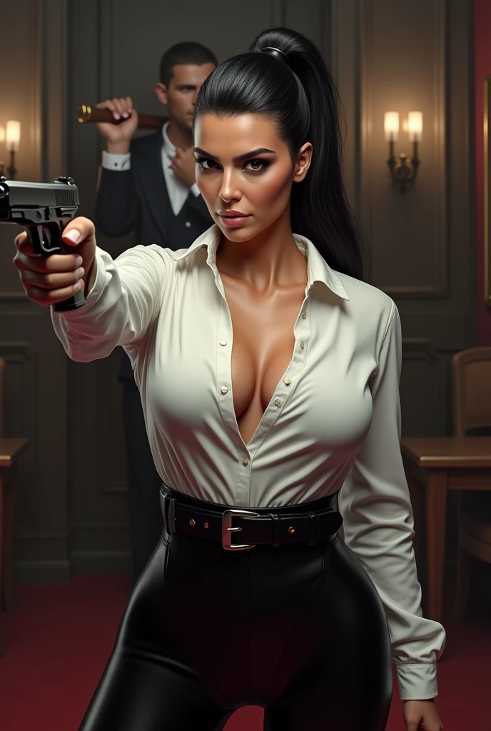 Kim Kardashian with black straight hair, in a white shirt and buttons, Sleeves and collar, big cleavage, with a wide black belt around her stomach, and in tight black latex leggings , in a VIP room, she aims with a gun