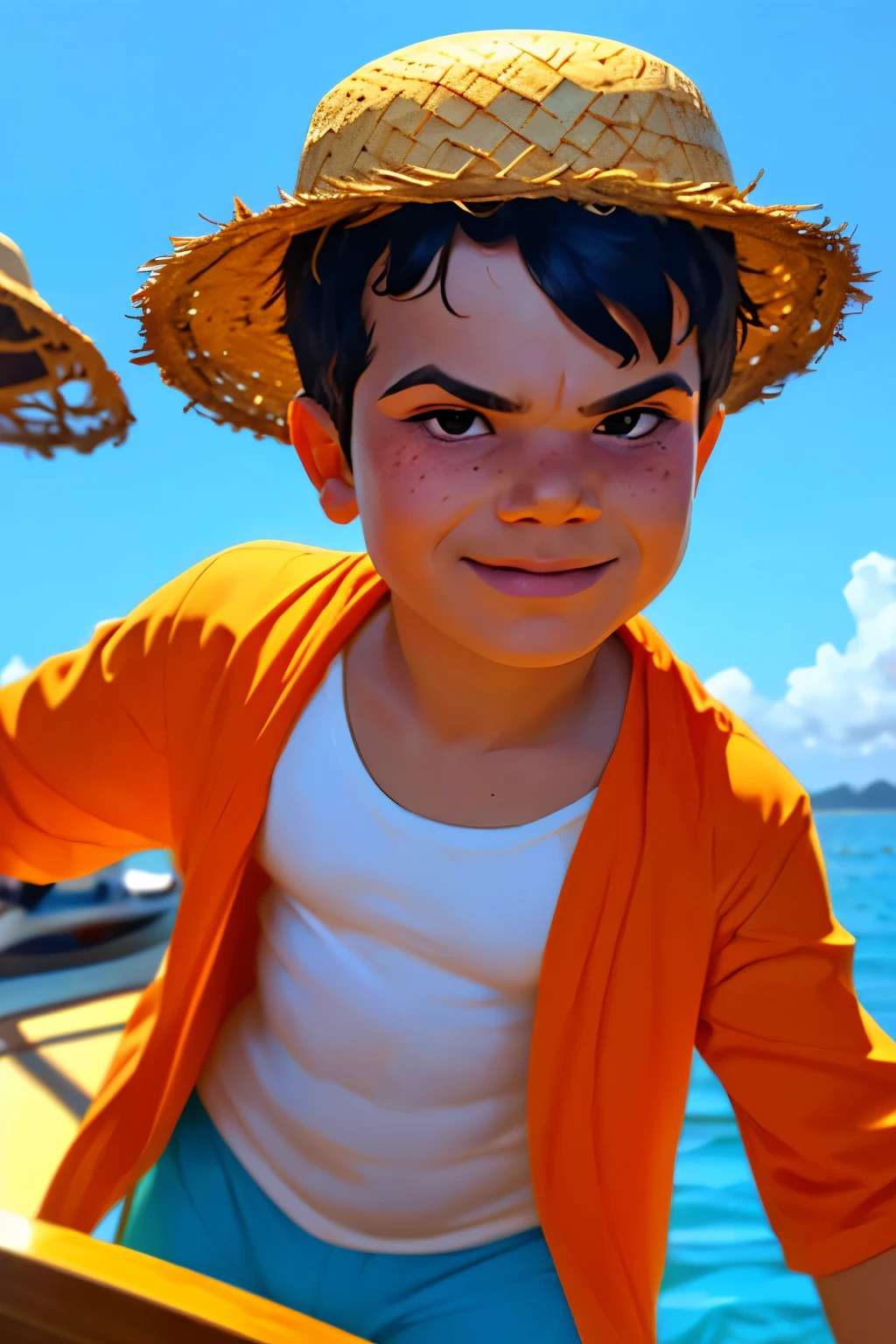 ((Close-up face of Thoe)) , (((a young boy, ***))), solo, Marvel Comic Panel Drawing: A boy with black eyes, in Dynamic pose, short black hair , over The building under The sunlight, ((on boat)) , (((wearing a Luffy costume, straw hat, one piece style))) , a tropical island Background .