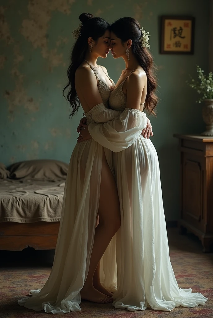two girl kissing,,(bright lighting,romantic setting),dreamy background,,dark hair, mesmerizing gaze, , soft skin, alluring beauty, artistic portrait, high-quality image, vibrant colors,translucent long silk gown, mosquito net, lying down, romantic bedroom,bondage