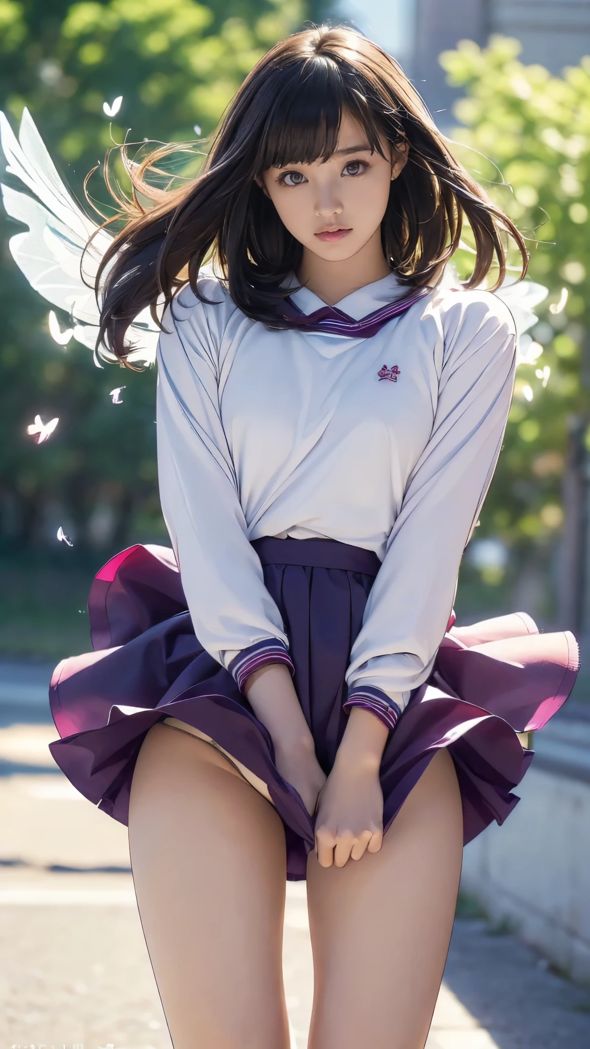 (((Innocent and cute junior high school student))), (A strong wind makes her skirt flutter:1.4), ((I can see your underwear:1.5)), Beautiful bob cut, Immersion, Beautiful Eyes, Ultra-high resolution, ((Thin thighs:1.3, Inner thigh:1.4)), Slender body line, ((Tight waist:1.2)), (Japanese Idols, Baby Face,  beautiful girl), (Perfect Anatomy:1.2), Beautiful breasts, (Highest quality、Highest quality、masterpiece、Ultra-high resolution、reality:1.37), (Detailed eyes and face:1.3、Professional photography techniques)、(Fine hand、Right Action:1.1)、((Beautiful hair and skirt fluttering in the wind:1.4))