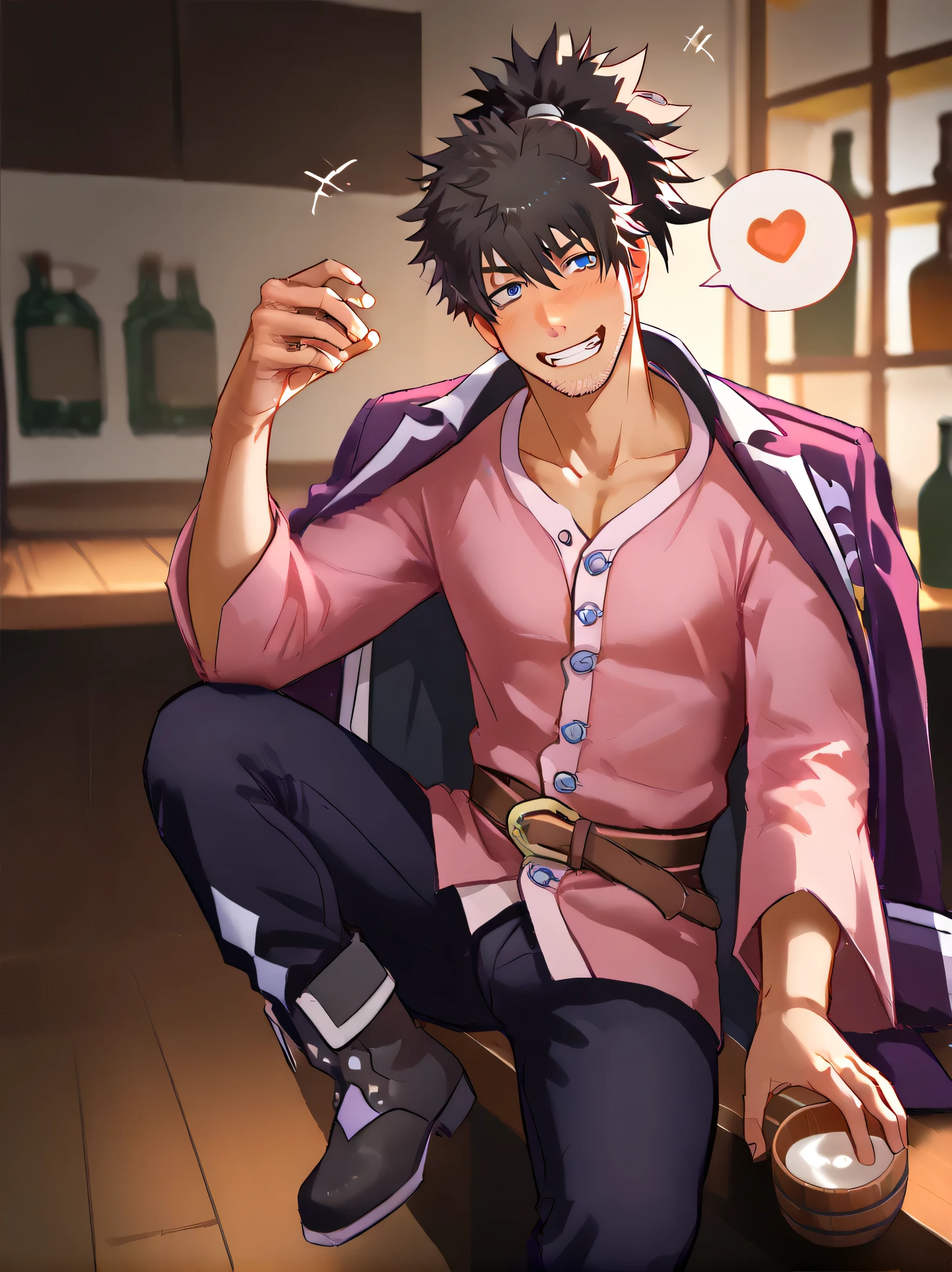 score_9, score_8_up, score_7_up, score_6_up, rating explicit, focus male, source anime, yaoi, cowboy shot, low angle, cinematic angle, motion lines, motion blur, spoken, sfx, corobun, tales of \(series\), tales of vesperia, raven \(tales\):1.2, 1boy, ankle boots, belt, belt buckle, black footwear, black hair, black pants, blouse, boots, buckle, blue eyes, coat, collarbone, grin, jacket, jacket on shoulders, long coat, long sleeves, male focus, messy hair, pants, pink shirt, ponytail, purple coat, shirt, smile, solo, wide sleeves, amazing quality, best aesthetic, absurdres, drunk, sitting, bar, sake, drooling, stubble, dumb grin, year 2023