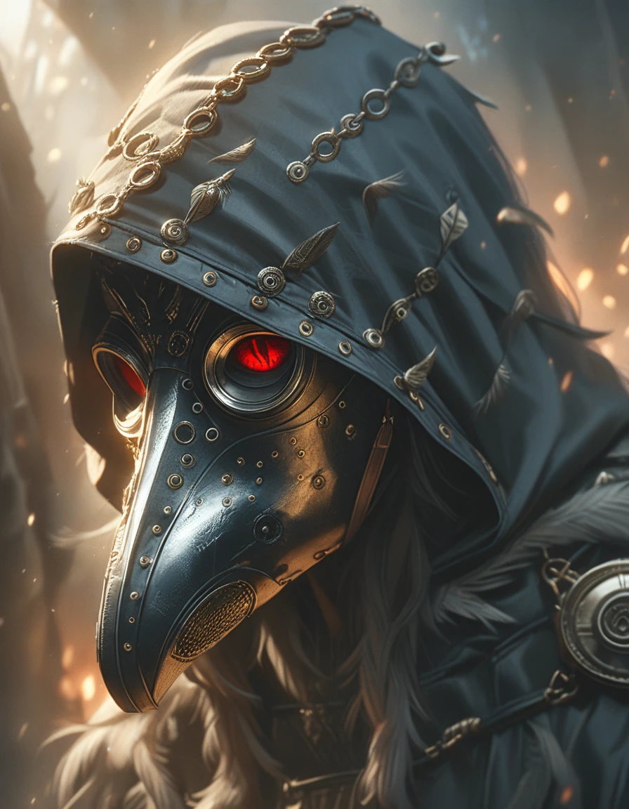 detailed plague doctor lamellar armor, (Iron reflective beak gas mask), (Intricate details on iron mask), (WW2 gas mask with raven beak),(black hood), Full face mask, portrait, white hair, red eyes , photorealistic, hyperrealistic, 8k, high quality, cinematic, dramatic lighting, dark fantasy, moody atmosphere, intricate details, gothic, ominous, mysterious, grim, menacing, foreboding, eerie, unsettling, somber, haunting, chiaroscuro, dramatic shadows, dramatic highlights, white metallic beak, white plague doctor, (Iron reflective metal, Iron beak)