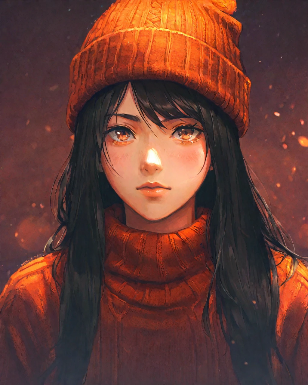 score_9, score_8_up, score_7_up, source_anime, Best Aesthetic, animation still, cinematic shot, highly detailed, high quality, masterpiece, best quality, soft lighting, absurdres, 1girl, solo, orange sweater, black long hair, hair covering one eye, red knitted hat,