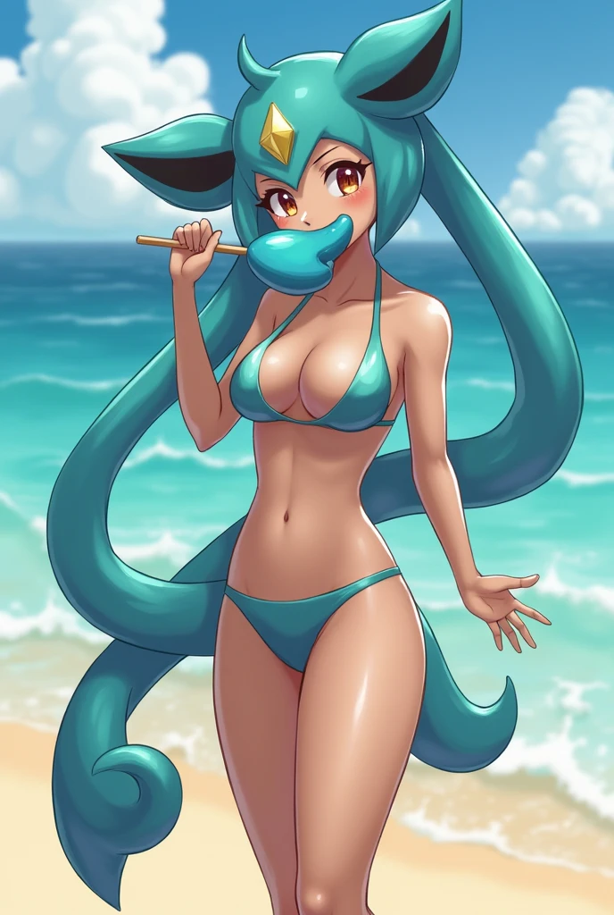 smile, 1girl, anthro, furry, fur, fluffy fur, Hatsune Miku, white fur, white body, cat girl, {(blue bikini), (striped bikini bra), (striped bikini panties), blue eyes, (19 years), medium breast, thicc thighs, solo, (beach), (sunset), detailed, score_9, score_8_up, score_7_up, score_6_up, score_5_up, score_4_up