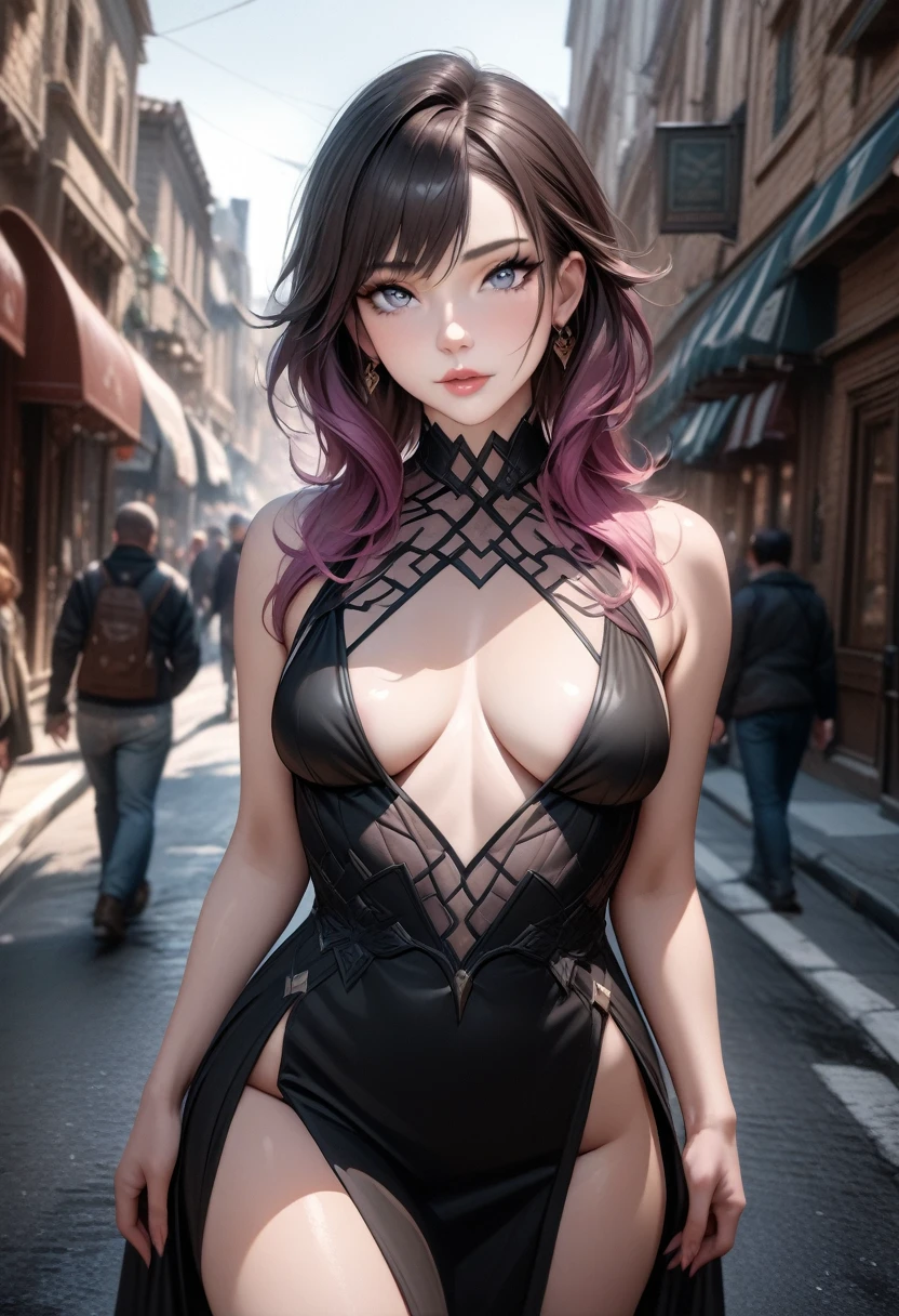 ((masterpiece)), ((Highest quality)), ((High resolution)), ((Highly detailed CG Unity 8k wallpaper)), alone、Main Street、building、car、Summer cafe terrace、high school girl、Patent leather bikini、See-through、belly button、Nipple swelling、Underbust、hair、Straight Short Cut、Big eyes、High nose、Beautiful multiple eyes、Long eyelashes、Larger breasts、look up、Show your side、