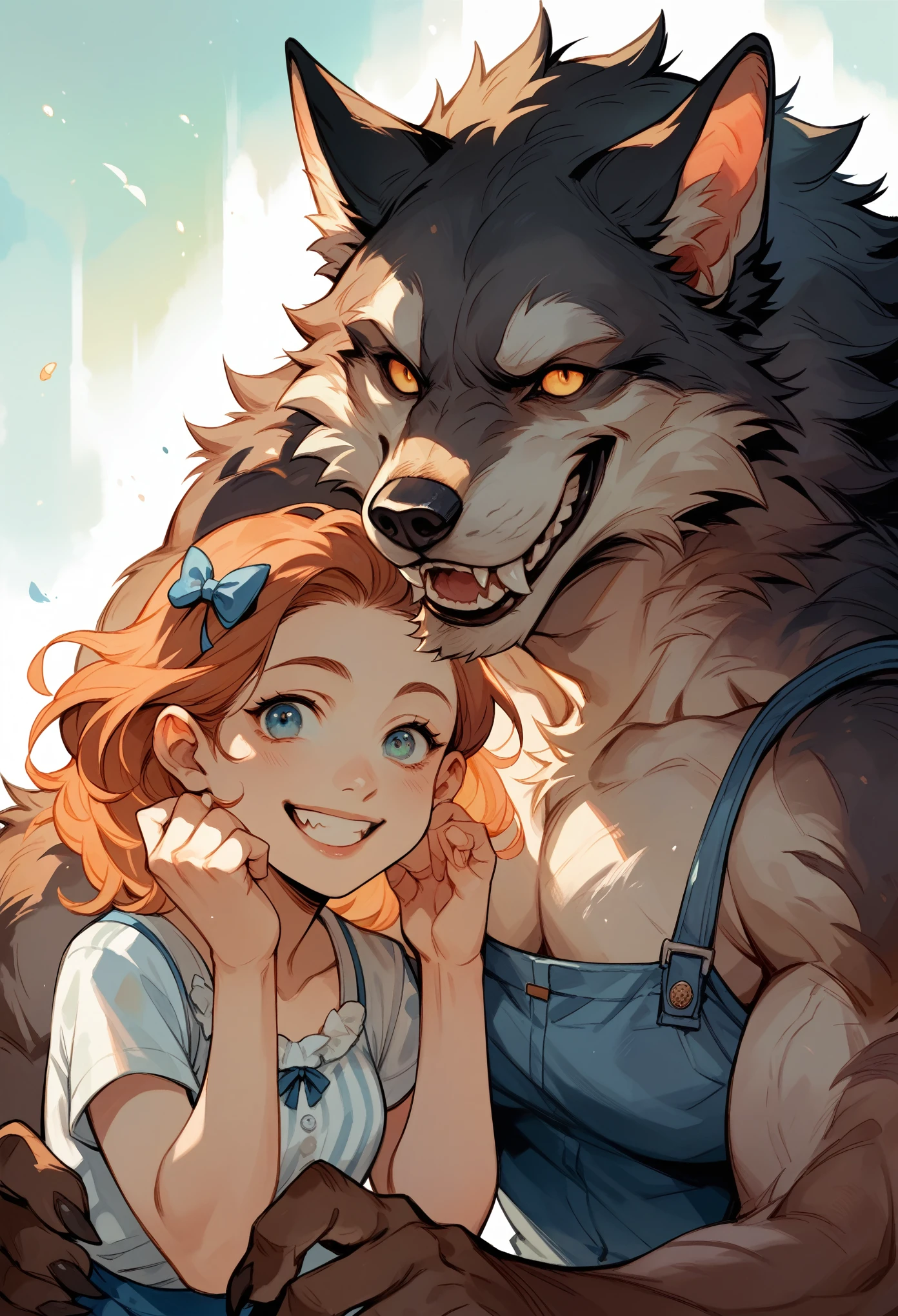 rating_safe, score_9, score_8_up, score_7_up, score_6_up, score_5_up, score_4_up, hires, highres, source_furry, watercolor, soft color, love story of human Child girl and giant Werewolf, family photograph, smile, joyful, smile, happy,
