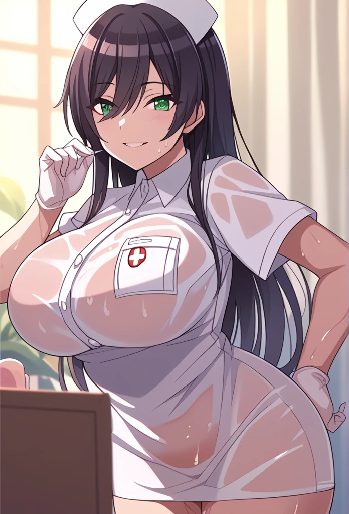 Black Hair、Long Hair、Green Eyes、Super huge breasts、、Super Breasts、、Wet Skin、Dripping Sweat、 smile、Nurse uniform、See-through、whole body、Hotel