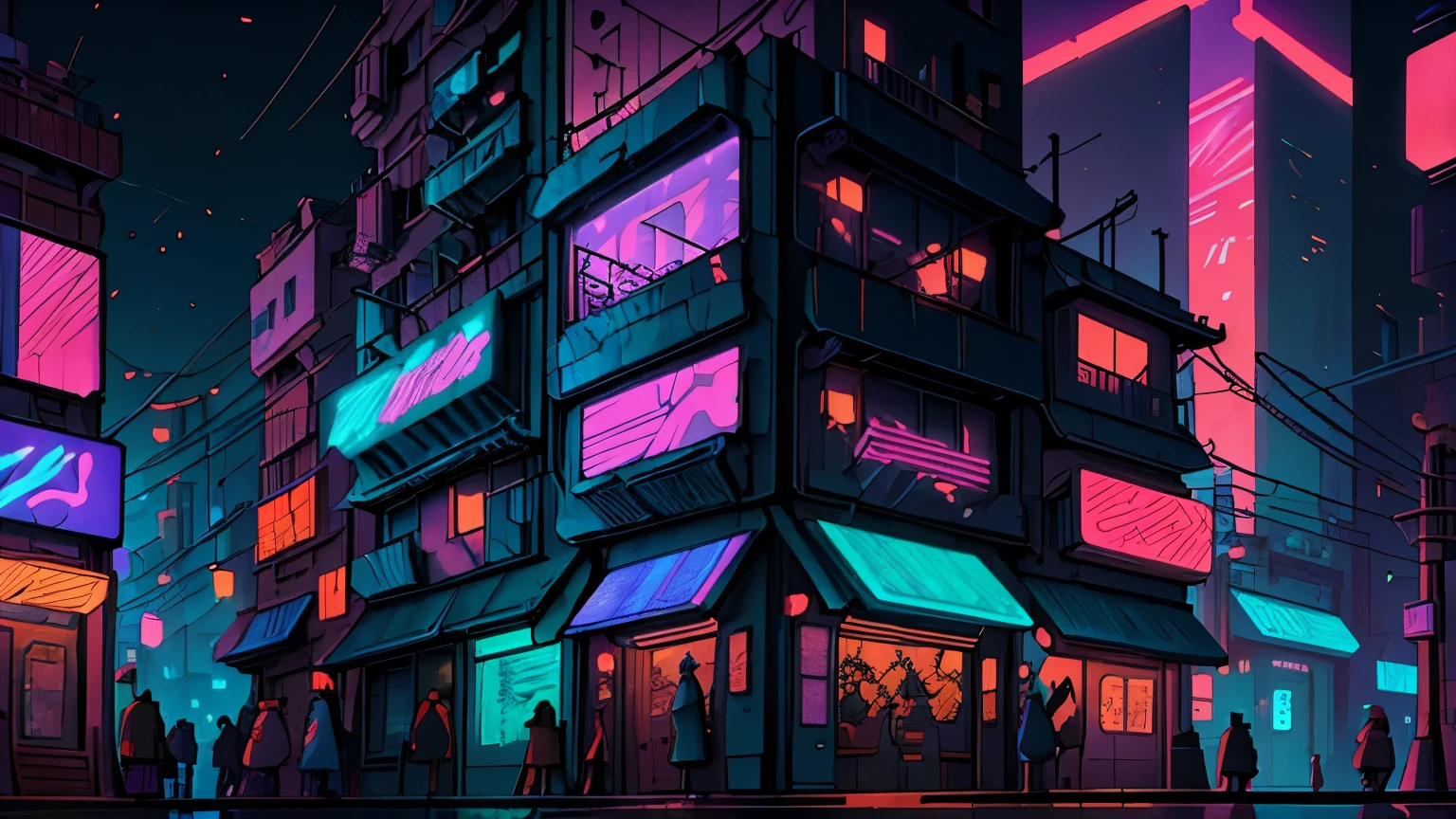 An urban street comes alive at dusk in a Japanese cyberpunk setting, lit by colorful neon lights and floating holograms. Futuristic graffiti adorns the walls of the buildings. Characters in a variety of styles, some in groups, others alone, create an atmosphere of tension and excitement. In the background, a brightly lit bar draws attention.