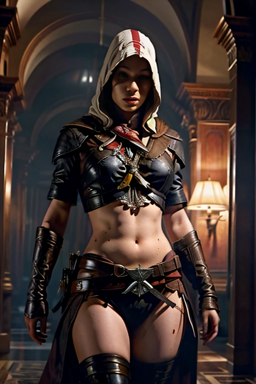 (masterpiece, best quality:1.2), 1girl, solo, Iggy Azalea as an Assassin, Assassins Creed 11, Aftermath, presumptuous, imposing expression,luxury, glamorous, sexy, midriff, Assassins Creed uniform