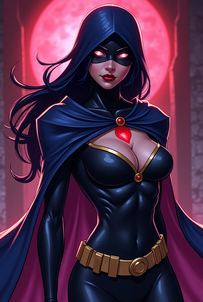 1girl, cowboy shot of rvn, hotraven, angry, casting spell, magic, glowing, glowing eyes, leotard, cape, hood, belt, pantyhose, night, rain, neon, flowers, looking at viewer, volumetric lighting, best quality, masterpiece, intricate details, tonemapping, sharp focus, hyper detailed, trending on Artstation, realistic