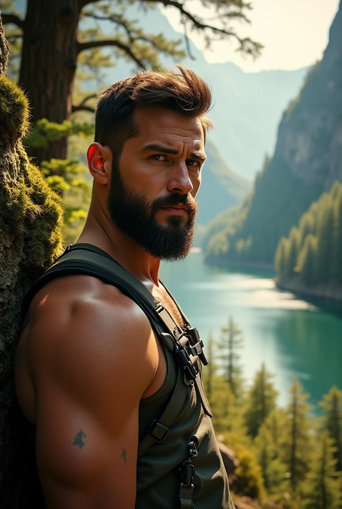 photograph of, a handsome male, large pectoral muscles, on a greek mountaintop, (clouds), stubble, (long hair:0.4), sharp focus, polaroid, muted colours, tree, forrest, sun beams, portrait, (close-up:0.7), <lora:more_details:0.5>