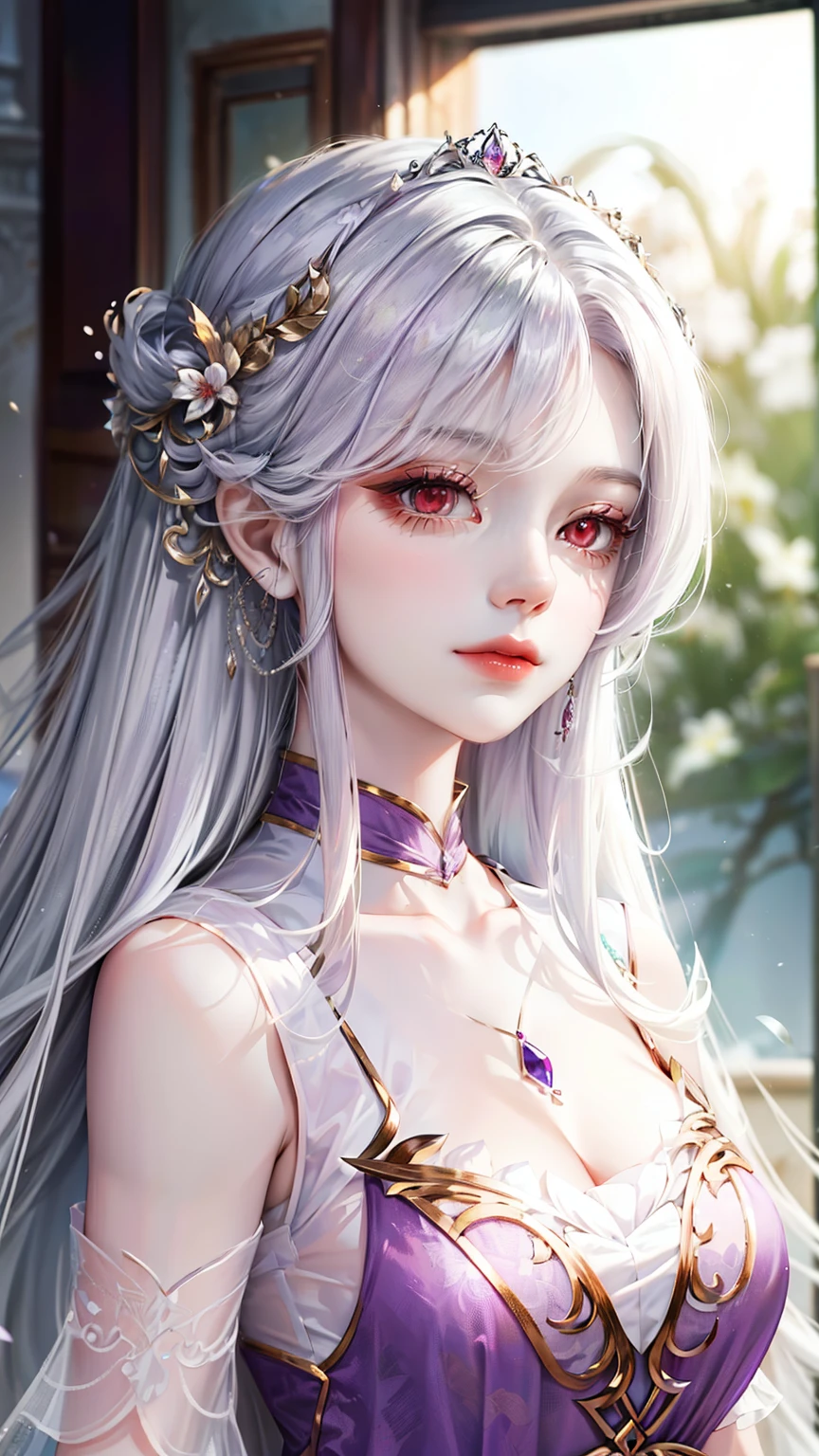 beautiful young woman standing at hill edge in sunset, 1girl, hourglass figure, seductive pose, printed design white saree, silky white hair braid, heavy silver jhumka earrings, necklace, anklet, cleavage, detailed face with stunning magenta eyes, full lips, flawless makeup, dark cinematic lighting, dramatic photorealistic effect, masterpiece-level 8k rendering, ultra-detailed, realistic, photo-realistic, hdr, uhd, studio lighting, ultra-fine painting, sharp focus, physically-based rendering, extreme detail description, professional, vivid colors, bokeh, smiling, full body view, bangles