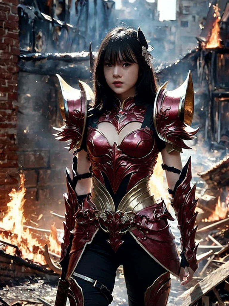 (masterpiece, best quality:1.2), 1girl, solo, fantasy armor, colorfull armor, burned city, fire, devastated, blood stained