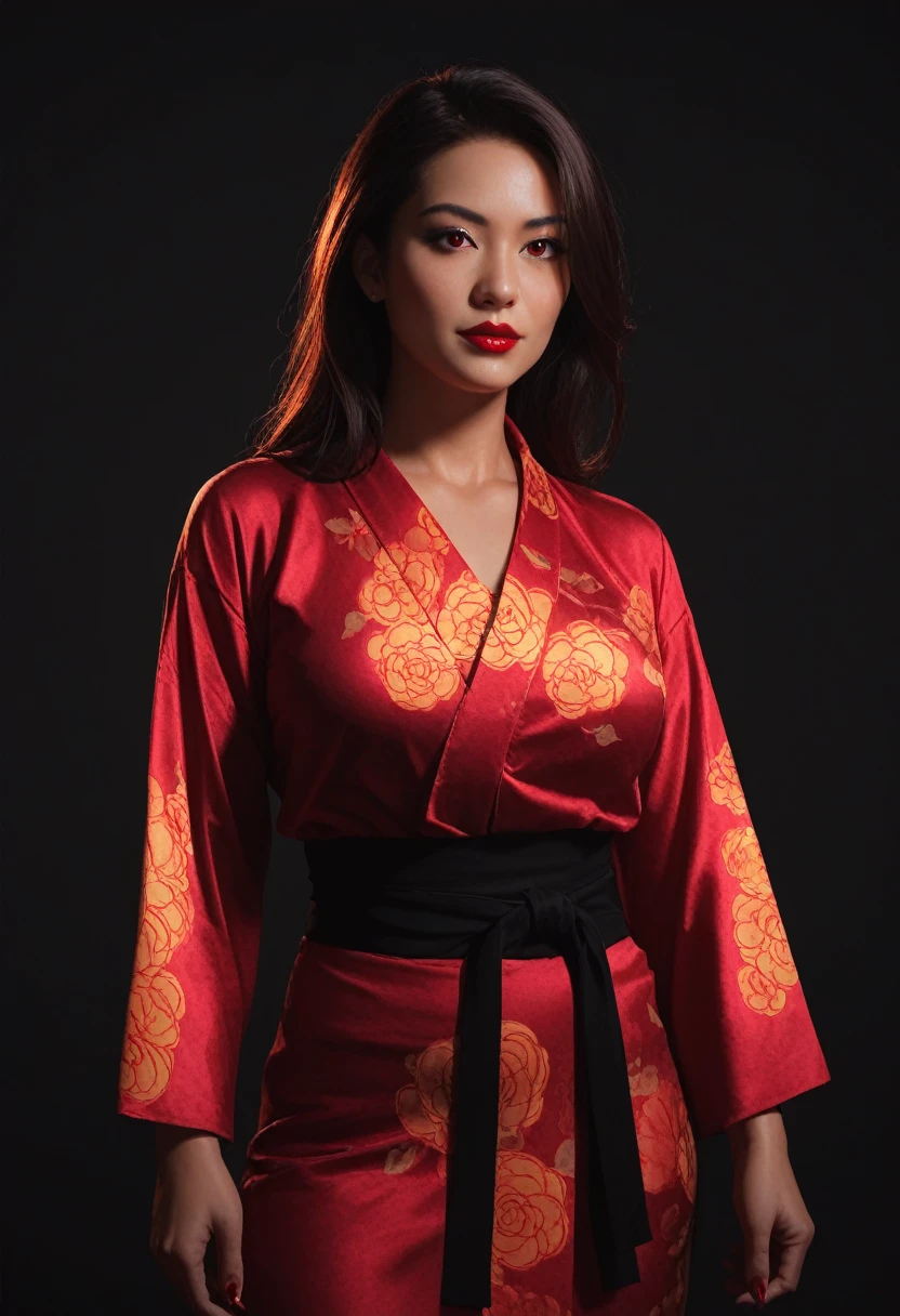 score_9,score_8_up,score_7_up, realistic, In a dark night bathed in neon hues, a stunning Asian teenage delinquent strikes a pose, her long hair flowing like a fiery halo. Her eyes gleam with mischief, framed by heavy make-up and vibrant red lipstick. A kendo stick rests casually against her hip, as she wears a pink yukata and extensive red and black tattoos that seem to pulse in rhythm with the neon lights. Silver jewelry glints in the dim light, highlighting her perfect female form and fiery locks. The focus falls on her expressive eyes, set amidst a sea of bokeh, with the bloody red lipstick creating a pop of color against her porcelain skin.