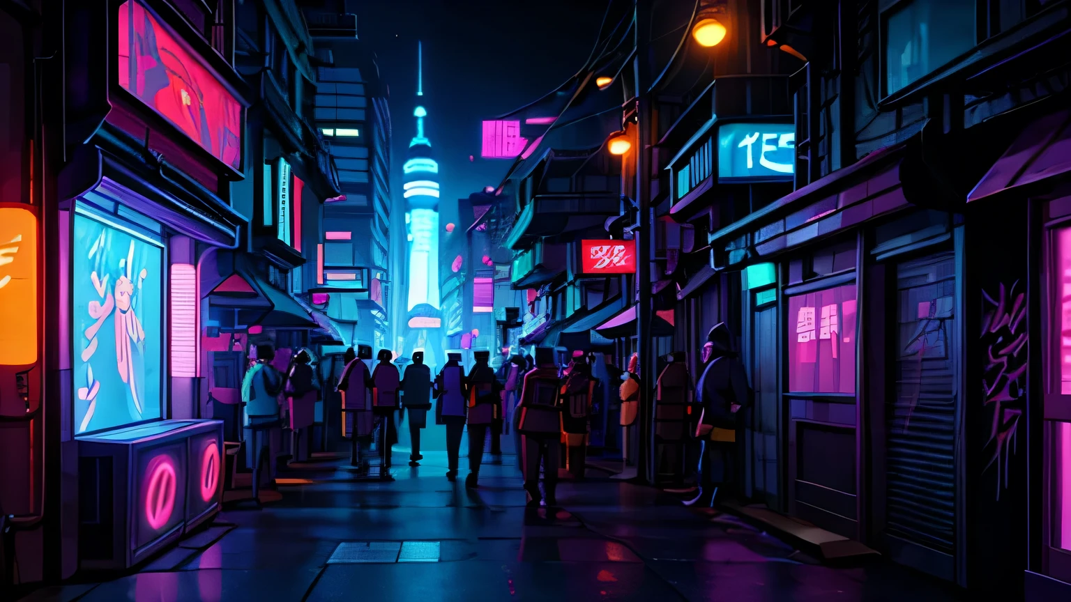 An urban street comes alive at dusk in a Japanese cyberpunk setting, lit by colorful neon lights and floating holograms. Futuristic graffiti adorns the walls of the buildings. Characters in a variety of styles, some in groups, others alone, create an atmosphere of tension and excitement. In the background, a brightly lit bar draws attention.