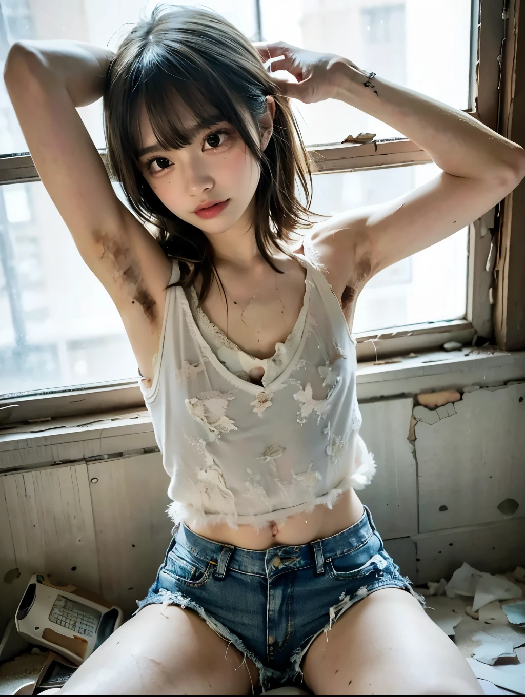 raw photo, 8k, (top-quality), Realistic, (real picture, Intricate details), (natural skin texture, detailed skin, hyper realism, sharpness), Japanese girl sitting, (hands behind head, armpits exposed), ((dirty tattered white tank-top, dirty tattered denim short shorts)), (sneakers), (((Small chest:1.4))), skinny body, pale skin, navels exposed, (messy hair, bangs), girl in an abandoned apartment building, Room being demolished, dusty room, cracked wall, Messy floor, Pile of rubble:1.3, broken window, tattered curtains, cracked Window glass, (Tattered teddy bear), The ruined city is visible outside the window, Full body shot, xtrhairy2