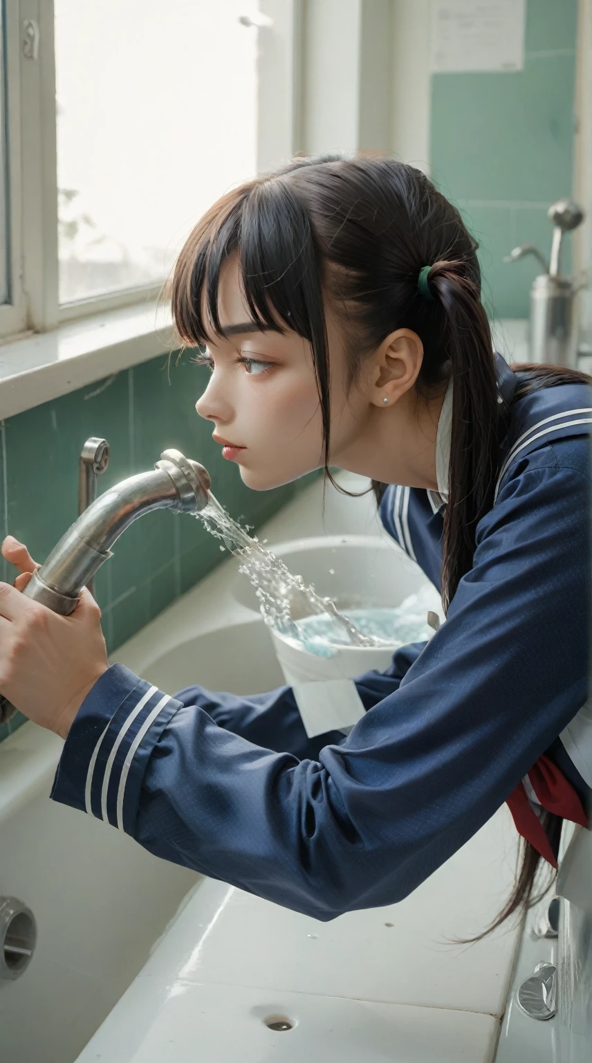 1 girl,,highschool student,twintails,beautiful girl,akb48,nogizaka46,side view of a person with straight, tied-back hair wearing a dark blue school uniform with white stripes on the sleeves, leaning over to drink water from a faucet in an indoor setting with green walls, a water trough with multiple faucets, natural lighting from a window on the left illuminating the scene.