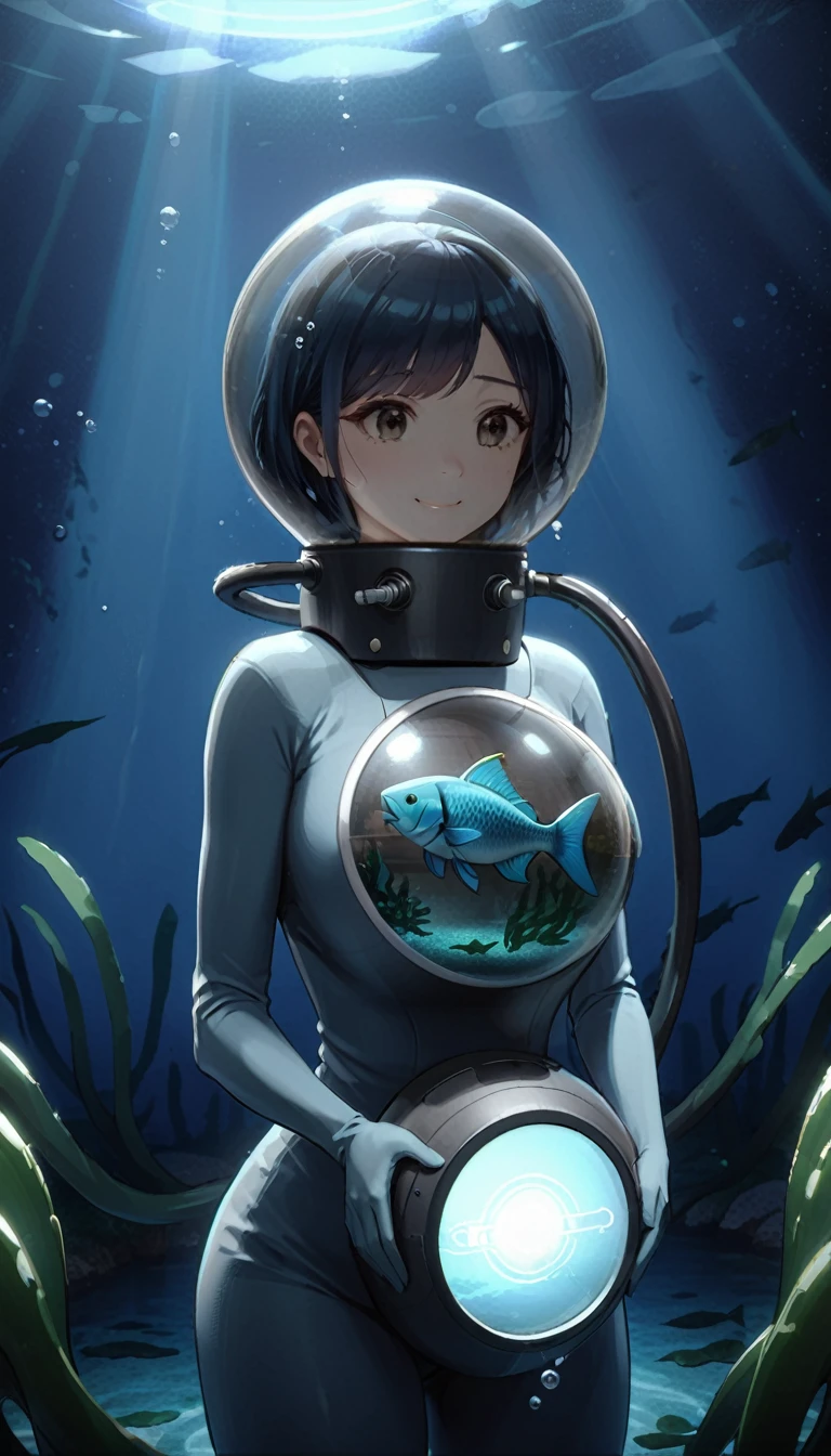 photograph (独奏:1.4),1girl,smile, Aztec, Old scuba helmet, , top of the castle, (In the water:1.2) , seaweed, fish, Bioluminescence, Futuristic, sf, Bokeh, Lighting (Volumetric, Cinematic, Dim blue), caustic, Depth of written boundary, baburuherumetto, Space Helmet, short hair, Air bubbles, Hand in hand, look up