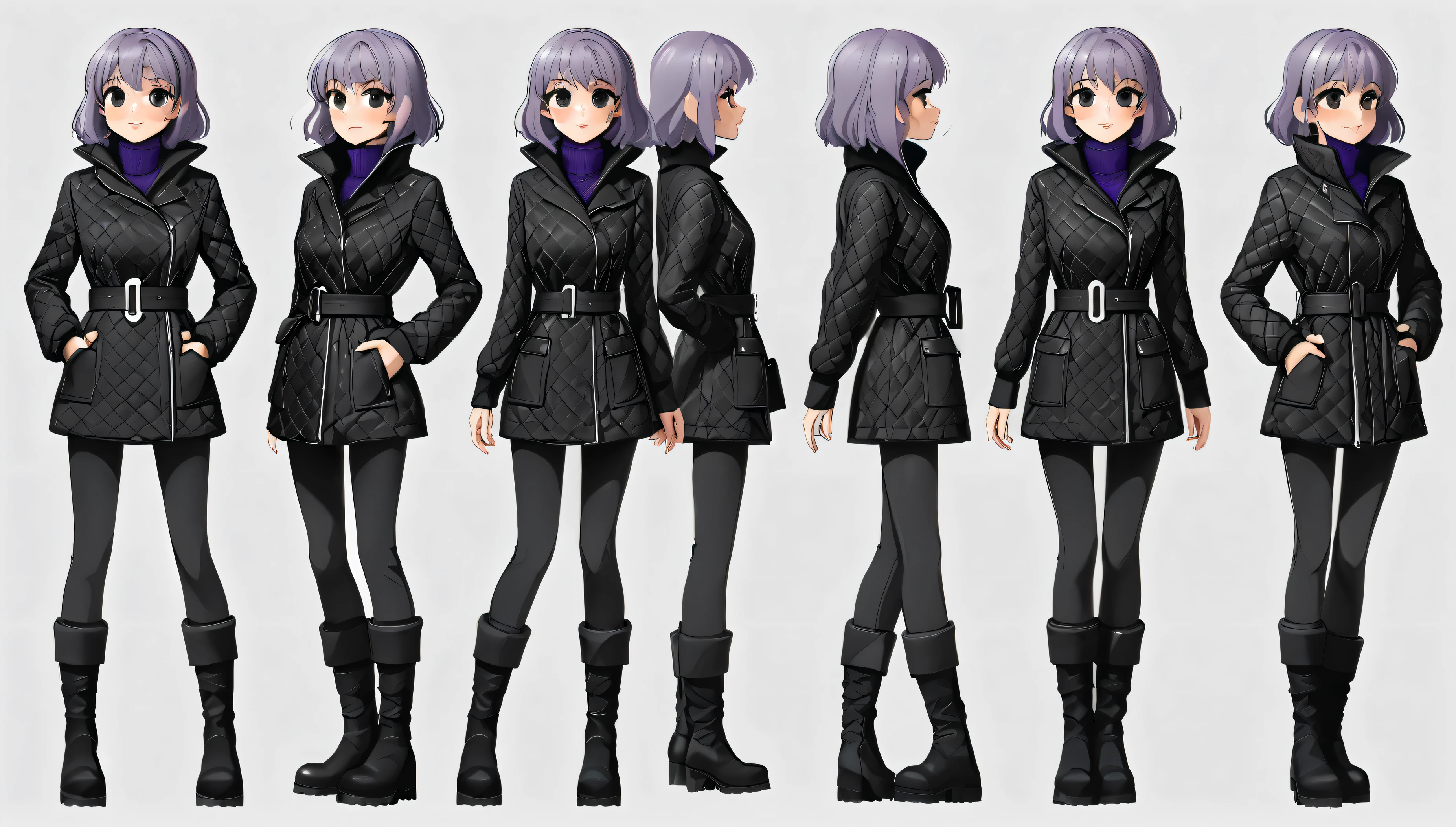 Score_9, Score_8_up, Score_7_up, Score_6_up, Score_5_up, Score_4_up, ((masterpiece, best quality, ultra detailed, super high resolution)), (source_anime), 1 girl, full body female character, short purple hair, simple white background, soft line art, thick line art, bold line art, dynamic pose, concept art, multiple views, different perspective of the character, A full-body illustration of a female anime-style character. The character is wearing a medium-length, black padded jacket with a diamond pattern that fits closely to the body, reaching just above her thighs. The jacket has a wide black belt with a square metal buckle at the waist, with two pockets on either side just below the belt. The jacket is slightly open at the top, revealing a purple turtleneck sweater at the neck and a small portion above the chest. The rest of the jacket is closed, covering the chest completely. The character wears tight black pants with two side pockets and a single belt around the wrist. The tall black boots have a subtle purple horizontal line near the top. The background is simple and neutral, and the character is in a dynamic pose, emphasizing her silhouette.