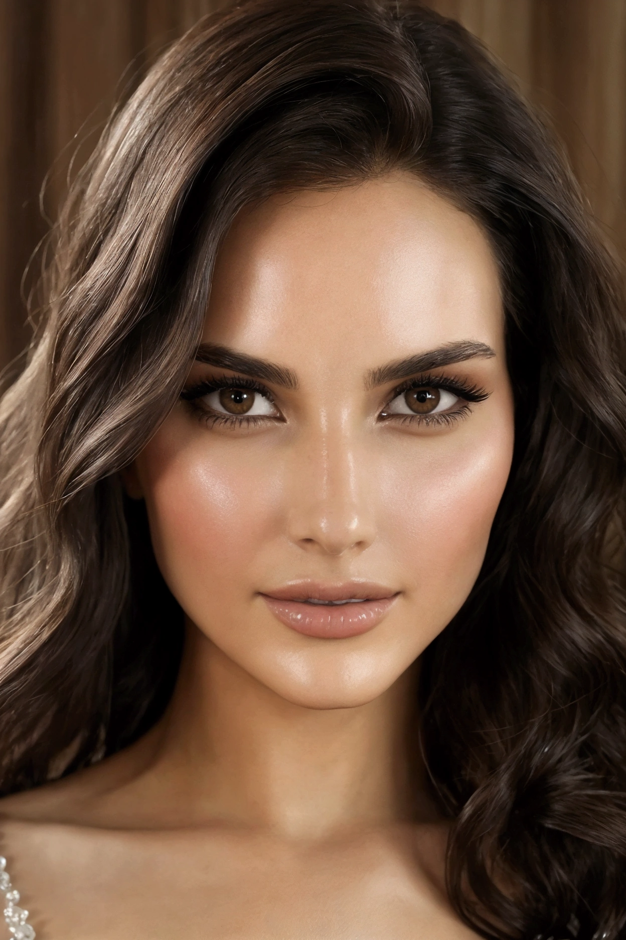 Create a high-resolution, ultra-realistic image of a beautiful twenty-six years old woman. The woman is clothed and modestly covered, featuring dark brown almond-shaped eyes and an oval face. Her expression is serene, exuding relaxation and grace. ((wide)) The image should be a ((full-body view)), showcasing her plus-size figure, approximately size M, with a height of 1.70 meters. She has a bust size of S, a well-shaped bottom size of 38, and her naturally wavy hair elegantly frames her prominent cheekbones. The skin texture must be highly realistic, with detailed and sharp rendering of both skin and eye textures.
The background should display refined and sophisticated interior details, adding to the overall elegance of the scene. The photograph should be captured with a Canon camera in 4K resolution, ensuring masterpiece-level quality with complex details and sharpness. The image should incorporate depth of field and Kodak Vision color grading to achieve an ultra-realistic effect, as if taken by a professional photographer. Post-processing should enhance every detail to ensure the final result is true to life, akin to an Instagram model’s photoshoot