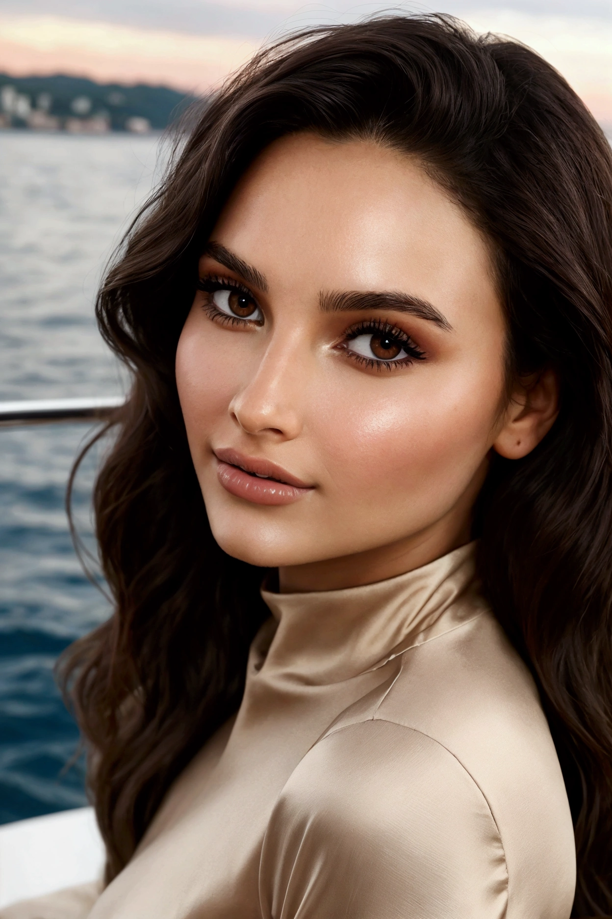 Beautiful woman, 2, with dark brown almond-shaped eyes and an oval face shape, in a comfy chic outfit, , in a stylish and elegant black dress, with a high-neck and long sleeves dress, relaxed and graceful, full body view, standing or sitting on the deck of a luxurious boat, with the serene ocean and boat details visible in the background, she has a plus size body, approximately M body size, with a height of 1.70 m, a bust size of S, a well-shaped bottom (36), and very realistic skin texture. Her naturally wavy hair frames her prominent cheekbones. The photo is in high resolution, masterpiece quality, with complex details, sharpness, and detailed skin and eye textures. Captured in 4k resolution with a Canon camera, featuring a serene expression, depth of field, Kodak Vision color, ultra-realistic photography, and post-processing to ensure maximum detail, true to life, resembling an Instagram model, red nails