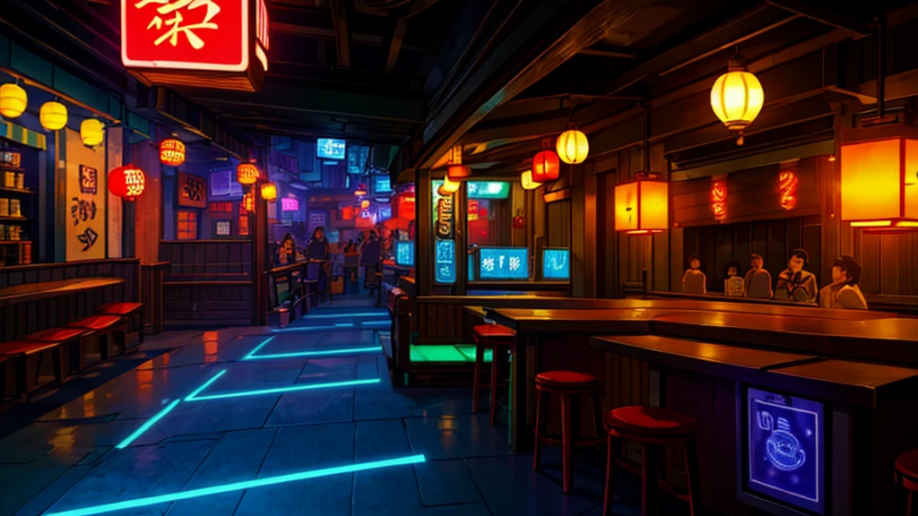 A small ramen restaurant, decorated with vibrant neon lights and holograms of dishes. Metal tables, lively atmosphere, varied customers, mix of tradition and technology, Japanese cyberpunk universe 