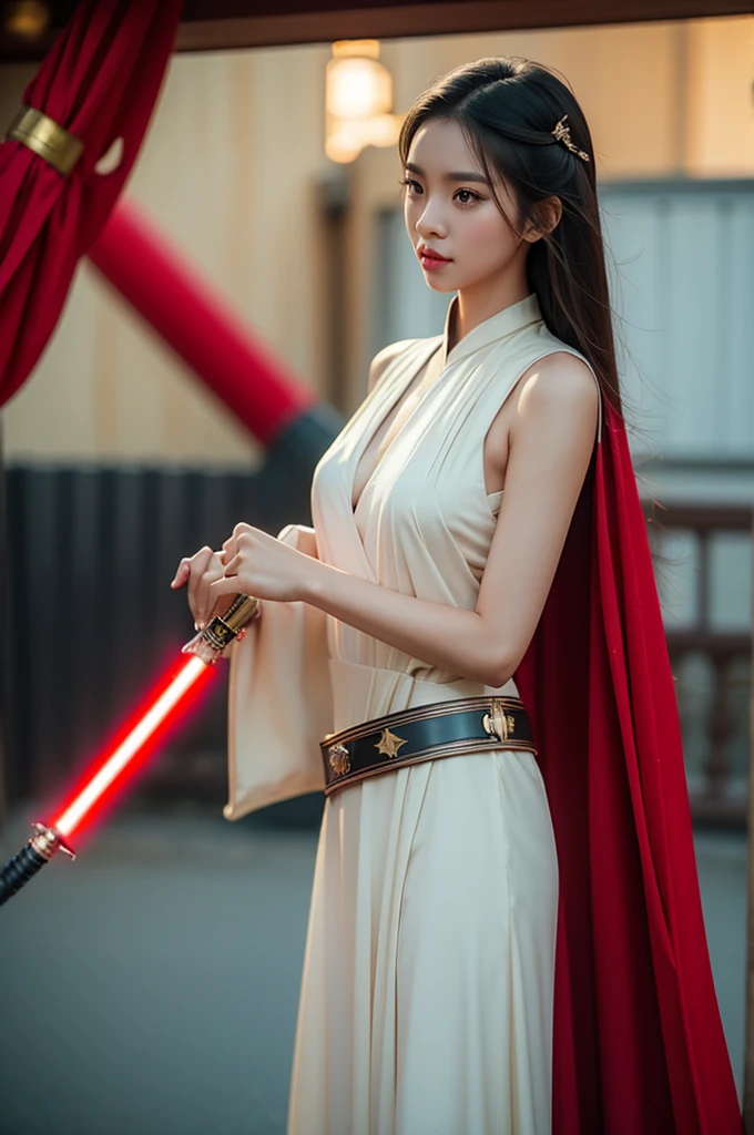 a beautiful asia women, long Straight hair, milk tea color, wearing a rey star war outfits, hand holding a lightsaber red color, Full-length wide-angle shot
