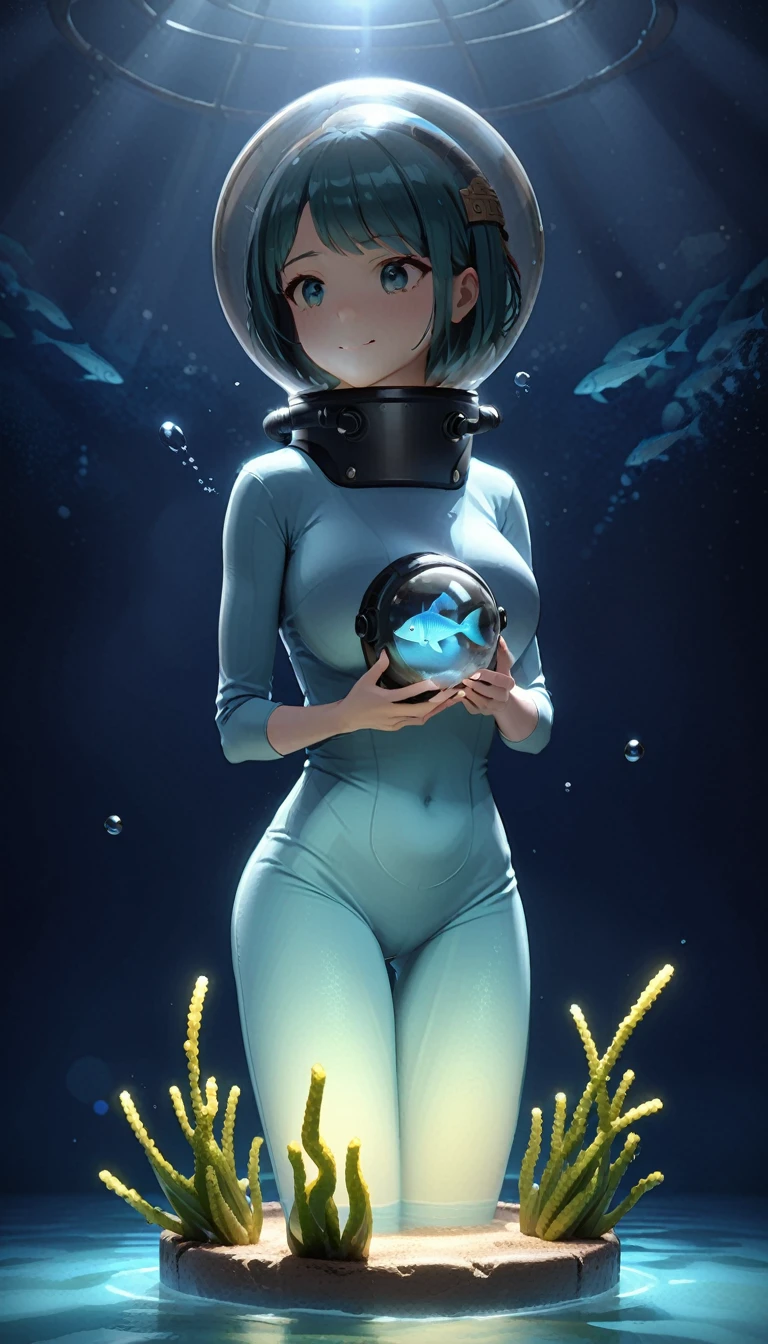 photograph (独奏:1.4),1girl,smile, Aztec, Old scuba helmet, , top of the castle, (In the water:1.2) , seaweed, fish, Bioluminescence, Futuristic, sf, Bokeh, Lighting (Volumetric, Cinematic, Dim blue), caustic, Depth of written boundary, baburuherumetto, Space Helmet, short hair, Air bubbles, Hand in hand, look up