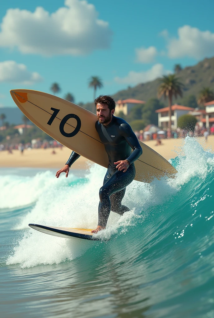 A man is surfing on a sunny beach. He&#39;s standing on his board, equilibrando-se habilmente enquanto desliza pela onda. O sol brilha intensamente, reflecting in the drops of salt water flying around him. The sky is clear and blue, contrasting with the immensity of the ocean. The man is dressed in a colorful surfing outfit and uses a leash to keep the board attached to his ankle. He smiles as he enjoys the adrenaline and the feeling of freedom that surfing provides. People on the beach watch in awe, enquanto ele domina as ondas com graciosidade e destreza.
